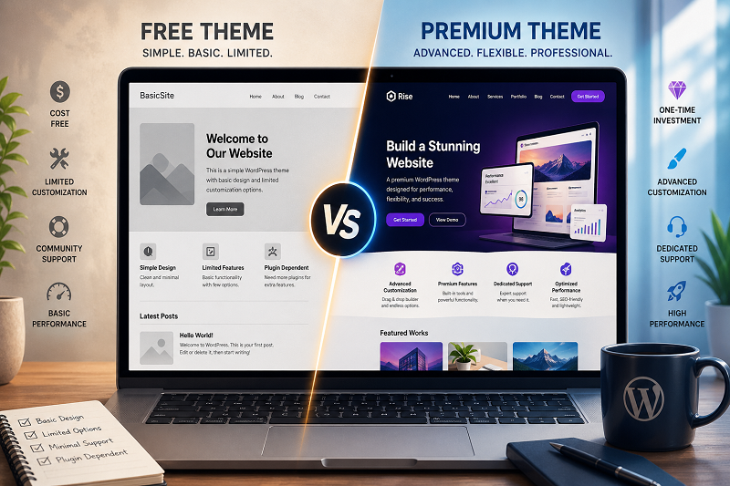 Split-screen illustration comparing free vs premium WordPress themes on a laptop, showing basic design features on the left and advanced professional design on the right